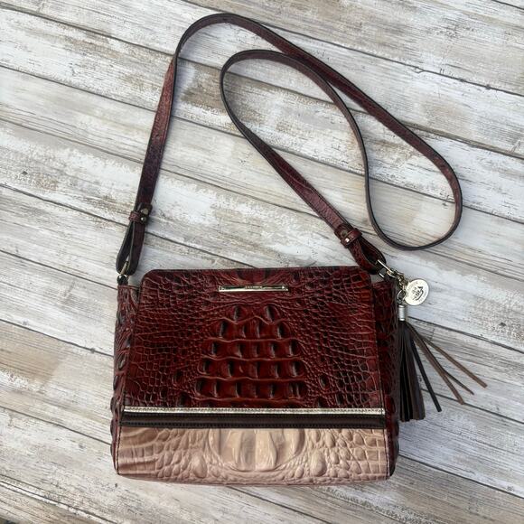 Brahmin Purse Melbourne Crossbody Pecan Cream Small Croc Embossed Leather Bag - Picture 1 of 16